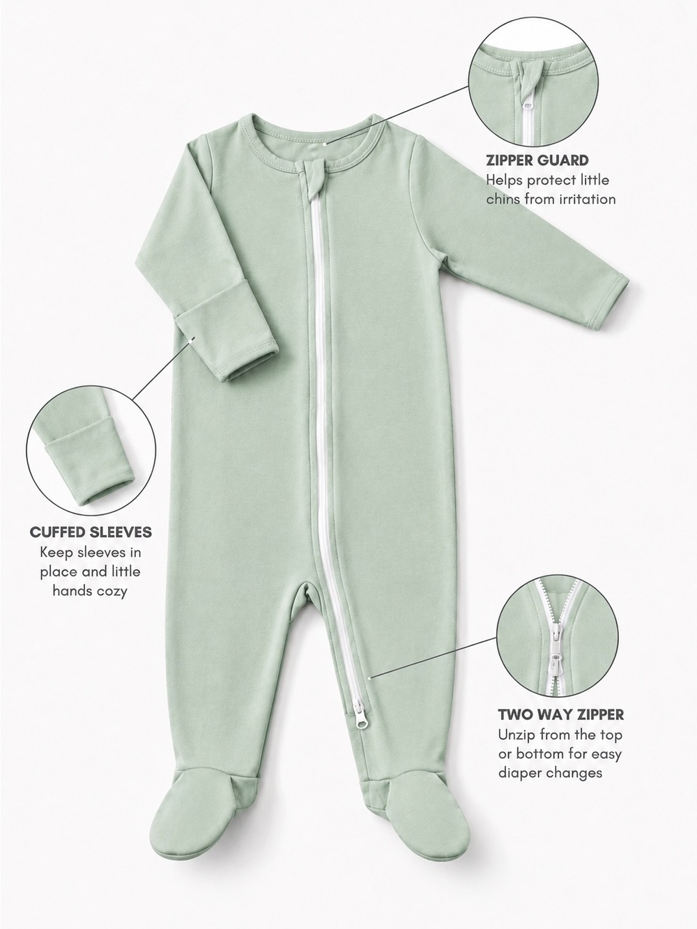 NWT Baby Footed One-Piece Pajama with Two-Way Zipper & Cuffed Sleeves - Picture 3 of 5